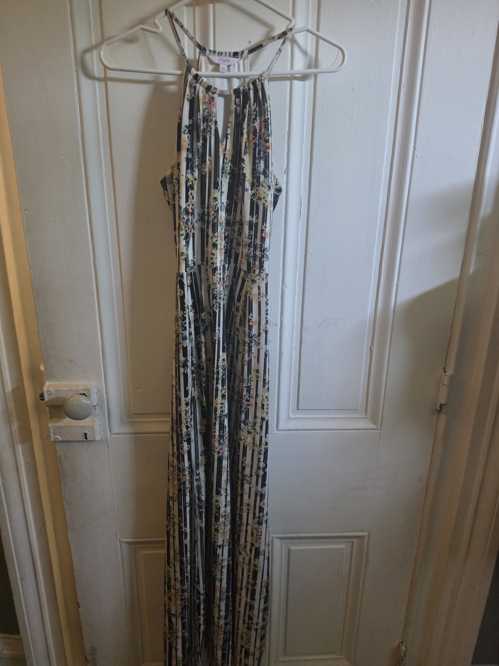 Candie's White Maxi Dress with Black Stripes and Floral Print
